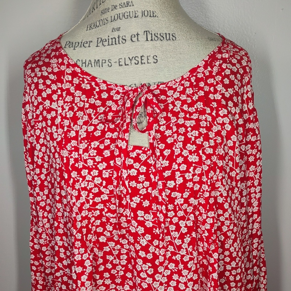 Suzanne Betro Long Sleeve Floral Top Womens 4X Red Tie Neck Keyhole Cottage Boho - Picture 2 of 9